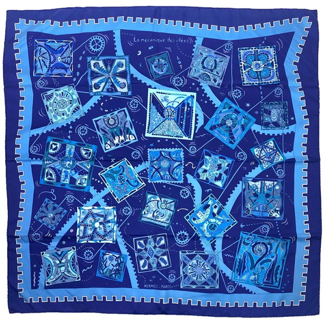 HERMES Scarf Carre 90 La mecanique des idees 100% Silk Blue Multi Auth R1829