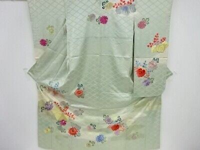 Japanese Kimono Antique Furisode Embroidered Paulowonia & Chrysanthemums