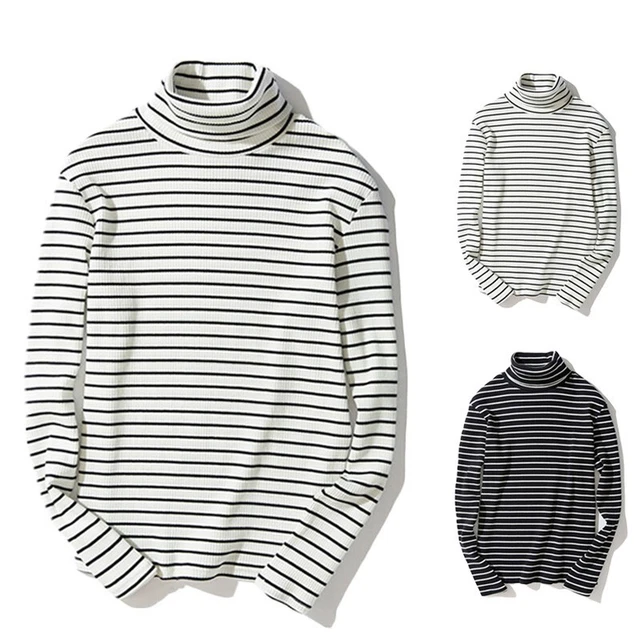 Camicetta Top T-Shirt Misto Cotone da Uomo Retrò Manica Lunga a Righe Moda