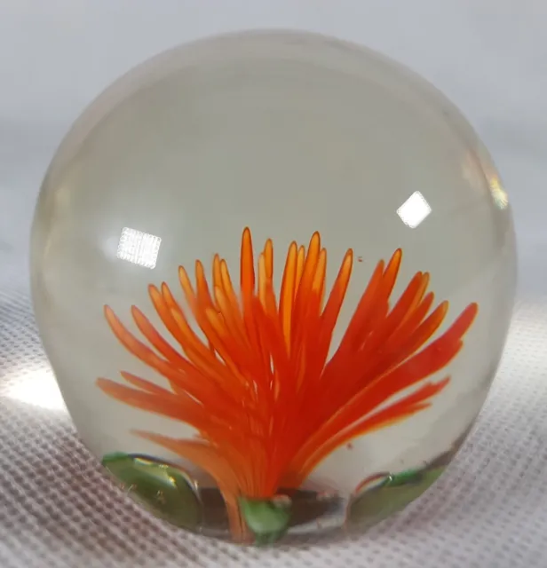Art Glass Paperweight Orange flower Vintage  Green Leaves 5.5cm High Rare Prop