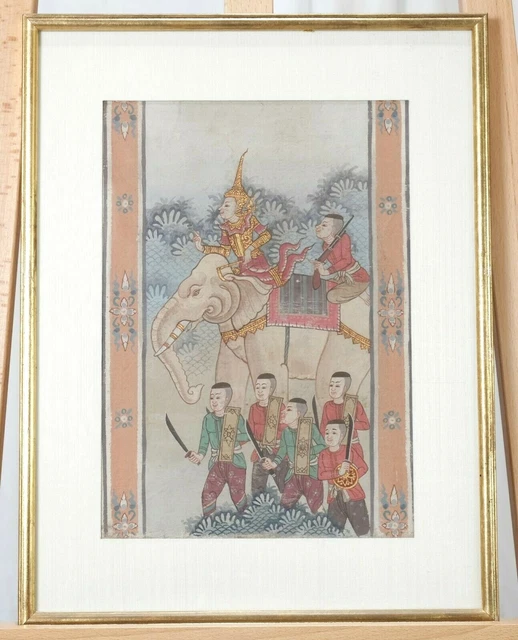 VGUC Antique 18th/19th C. Thailand Framed Hand Painted Elephant on Fabric #1