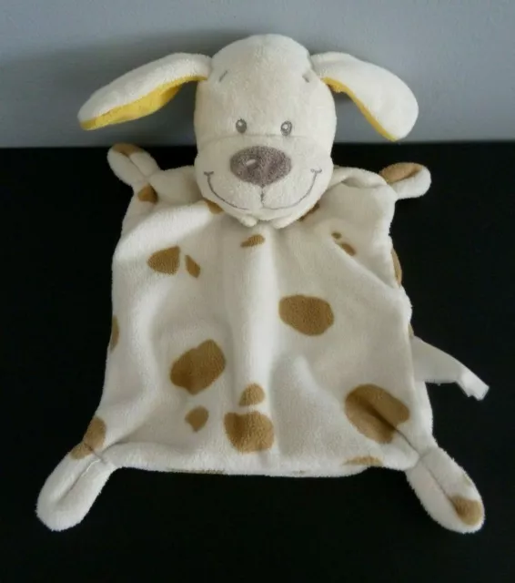 *. DOUDOU PLAT CHIEN NICOTOY blanc oreilles jaune tâches marron beige - TBE