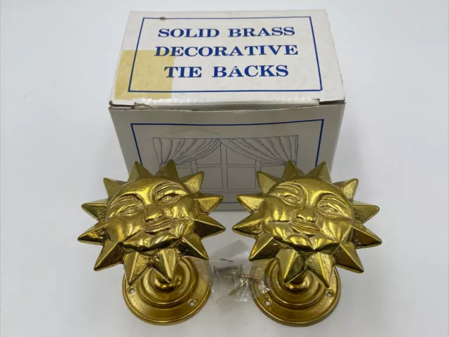 VTG Pair of Solid Brass Curtain Sun Dial Decorative Tie Backs NOS