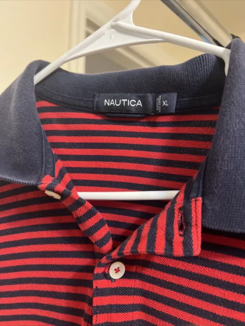 NAUTICA POLO SHIRT Mens XL Red Blue Striped Casual Short Sleeve Adult ...