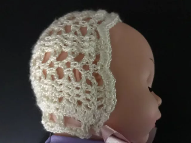 Crochet Doll Bonnet Beige With Pink Ribbon 8" x 10"