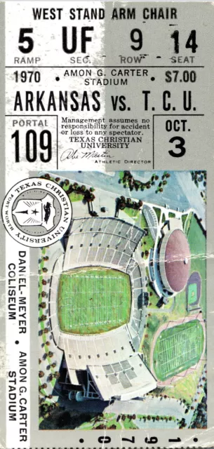 Ticket Stub 1970 Arkansas Razorbacks TCU Amon G Carter Stadium College Football