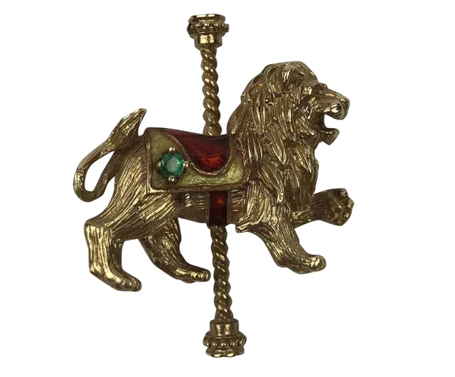 Vintage 1970s Igor Carl Faberge 14k Yellow Gold and Emerald Lion Carousel Brooch Vintage 1970s Igor Carl Faberge 14k Yellow Gold and Emerald Lion Carousel Brooch