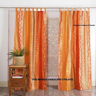 2 Pcs Indian Sari Patchwork Curtain Drape Window Decor Orange Silk Sari Curtain