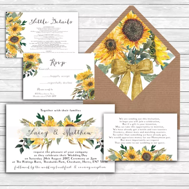 Personalised Luxury Rustic Wedding Invitations SUNFLOWER FLORAL packs of 10