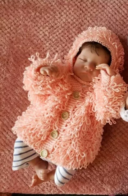 Newborn baby girls Hand Knitted crochet hat & cardigan Peach Orange Loopy Knit