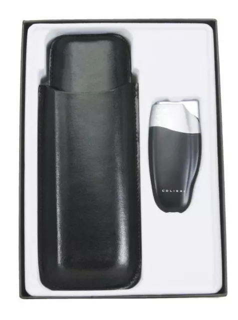 Colibri Quantum Jet Torch Cigar Lighter & Leather 2 Finger Cigar Holder Gift Set