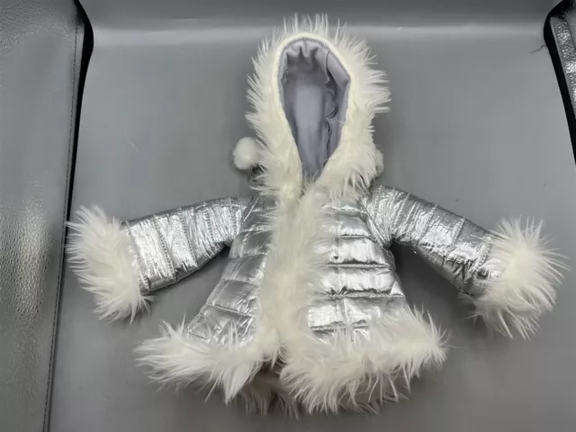 Silver Puffer Coat With White Fur Trim Jacket For 18" Doll Unbranded