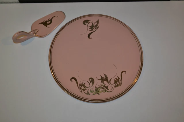 ART DECO PLAT et pelle à tarte en céramique rose et or PROCERAM Décor