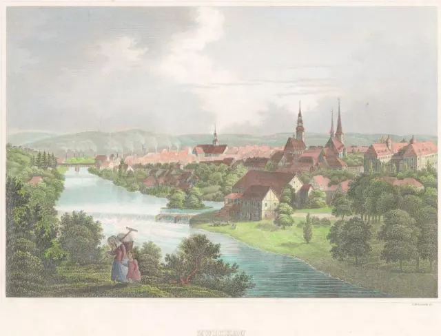 Zwickau. Historische Gesamtansicht.  Original altkolorierter Stahlstich um 1840