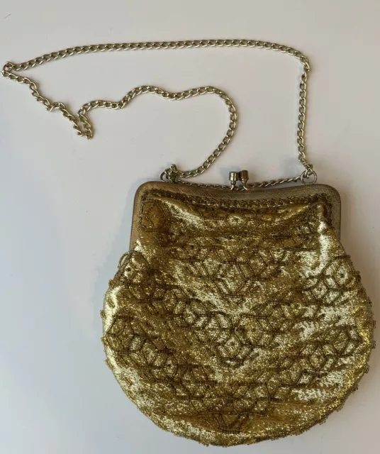 Gold Lame Evening Bag Purse Chain Handle Made in Hong Kong 2