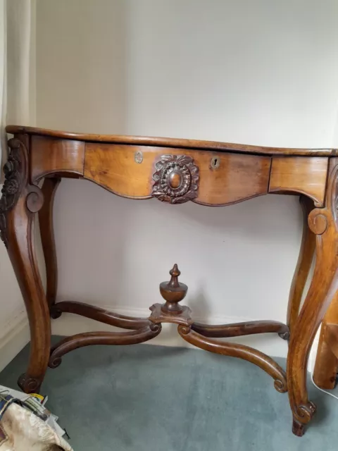 antique walnut console table with small drawer for