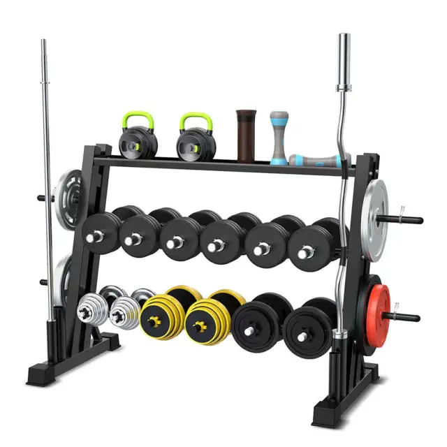 3-Tier Weights and Barbell Storage Rack for Barbell, Dumbbells, Kettlebells, and