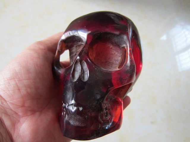4.3" Old Burmese Amber gules Carved Crystal Skull, Realistic, Crystal Healing