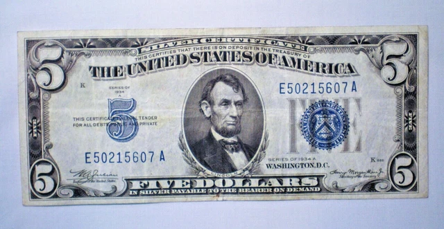 1934A $5 Silver Certificate - Ser. # E 50215607 A  Blue Seal  XF Beauty!  (520n)