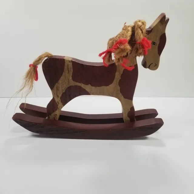 Rocking Horse Vintage Hand Crafted Painted Folk Art Wooden Doll Jute Rope Mane