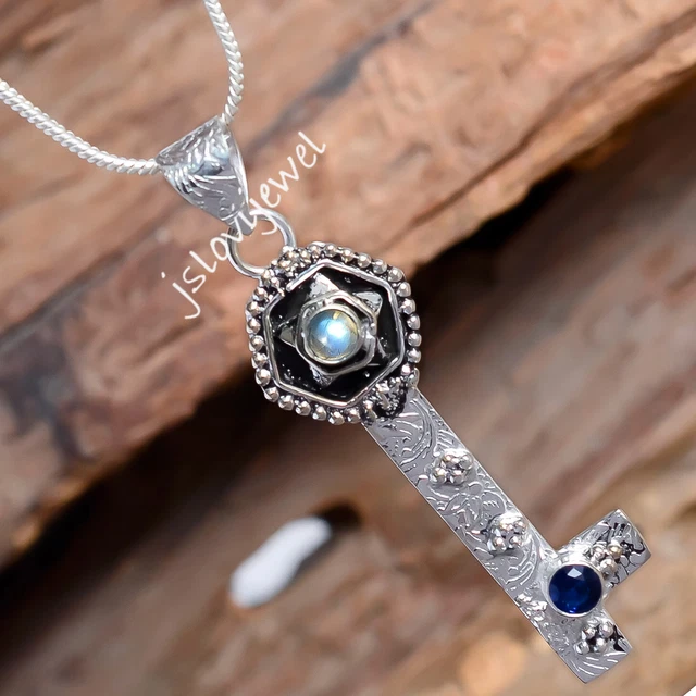 Pendentif Clé En Argent 925 Avec Opale Et Tanzanite - Bijou Vintage, Longueur 18 Pouces