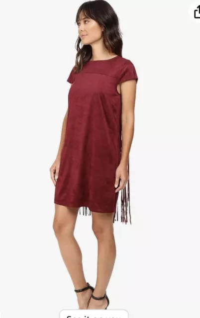 Kensie Faux Suede Fringe Dress Wine Red Women's M BOHO FESTIVAL HIPPIE COUNTRY 3