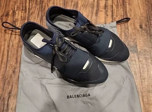 Balenciaga “RACE RUNNER” Navy Leather/Fabric Low Top Lace Up Sneakers, Womens 39