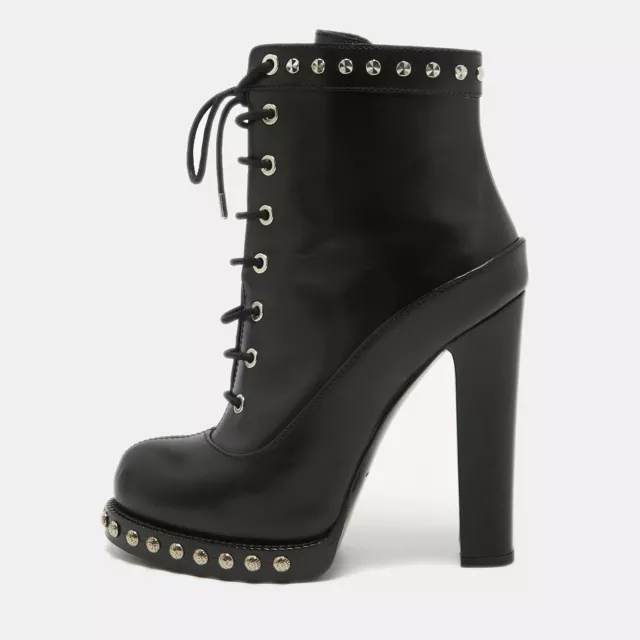 Alexander McQueen Black Leather Studded Lace Up Ankle Boots Size 37