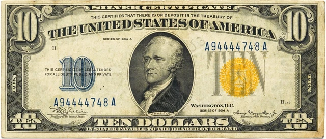 1934 A Series Ten Dollar Silver Certificate $10 North Africa Note