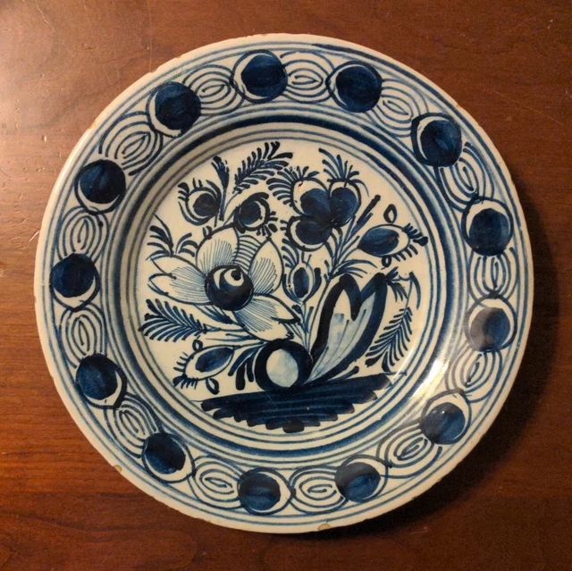 Antique HP Pottery Plate Tin Glaze Blue & White Faience 18th Century
