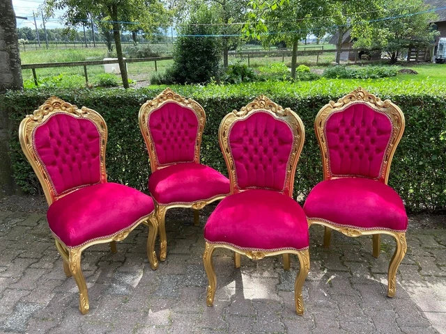French Louis XVI dining chairs in gold beech and red velvet-set of 4