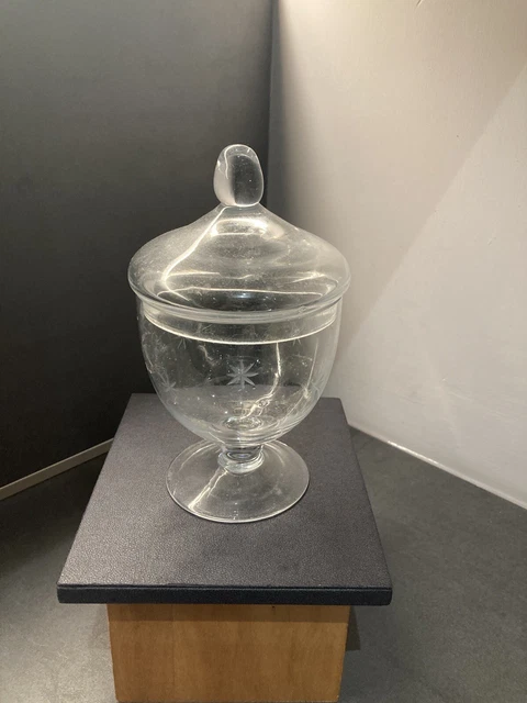 Antique Bed Side Victorian Hospital Leeches Lidded Glass Pot With Etched Stars