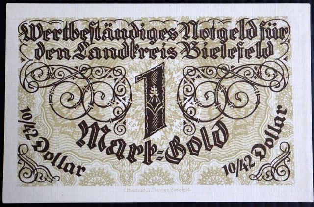 BIELEFELD 1923 Rare no serial! "Landkreis" 1 Mark Gold = 10/42 US Dollar Notgeld
