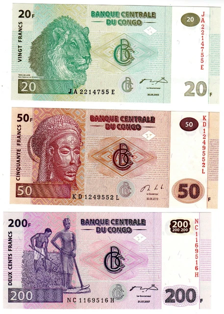 LOT SET SERIE 3 BILLETS CONGO 200 20 50 FRANCS Neuf UNC