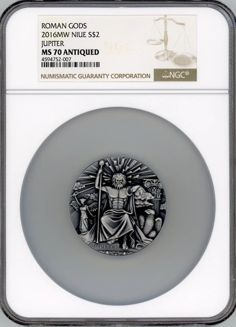 JUPITER ROMAN GODS SERIES 2016 NIUE 2oz SILVER COIN NGC $2 MS 70 HR ANTIQUED