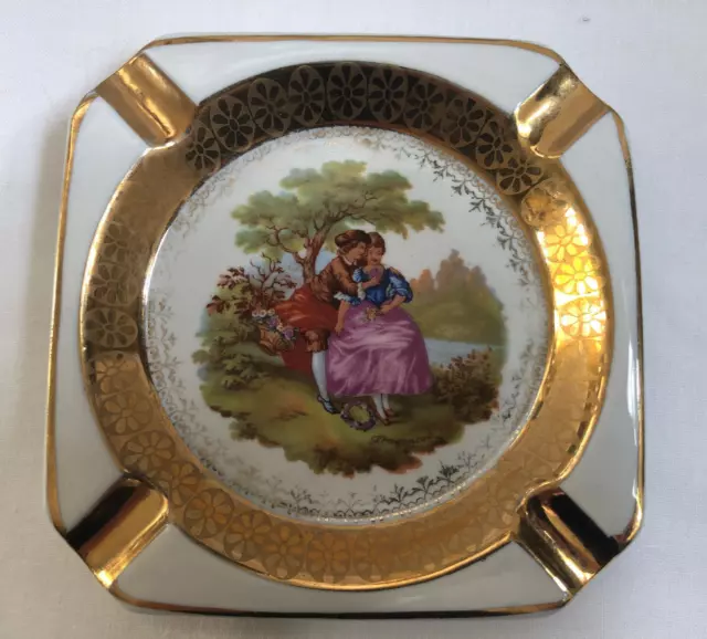 VINTAGE Limoges Courting Scene Square Ceramic Ashtray with Gold Trim