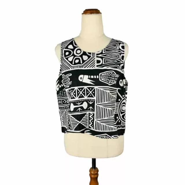 MAGPIE GOOSE Abstract Cotton Blouse Top Sleeveless Size 16 Black & White Cropped