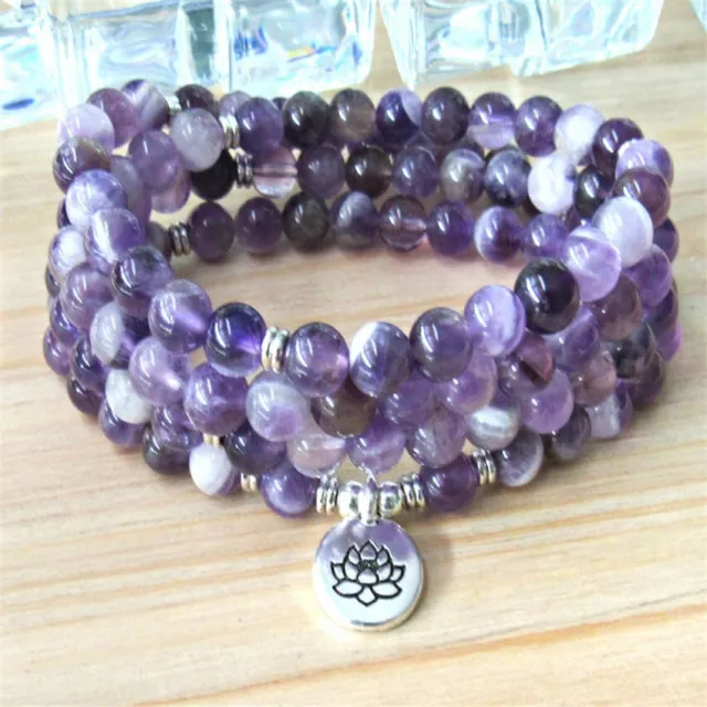 6MM Amethyst Gemstone mala Bracelet 108 Beads Lotus Pendant Bless Handmade Wrist