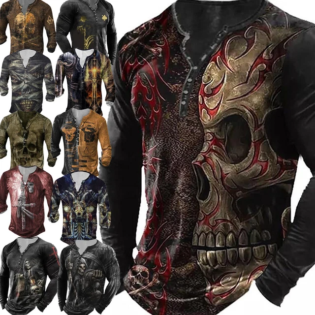 Henley Men's Long Sleeve T-Shirt Biker Skull Weathered Heavy Metal Motorcycle