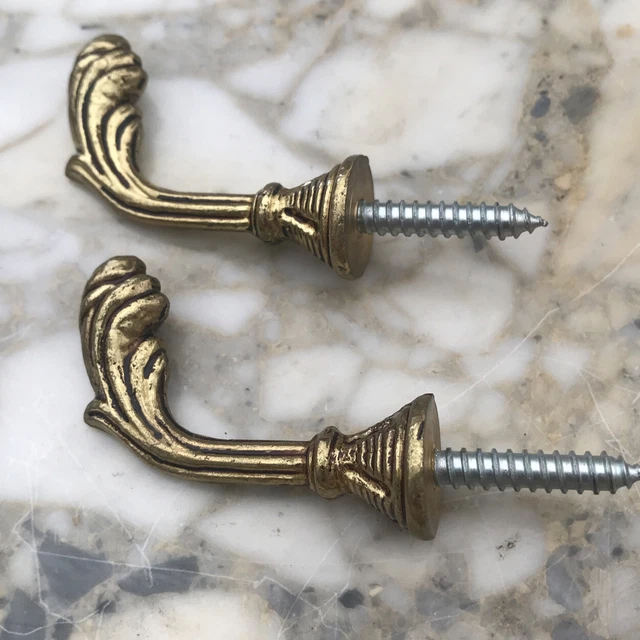 Vintage PAIR French Antique Brass Drapery Curtain Holdback Towel Hook Wall