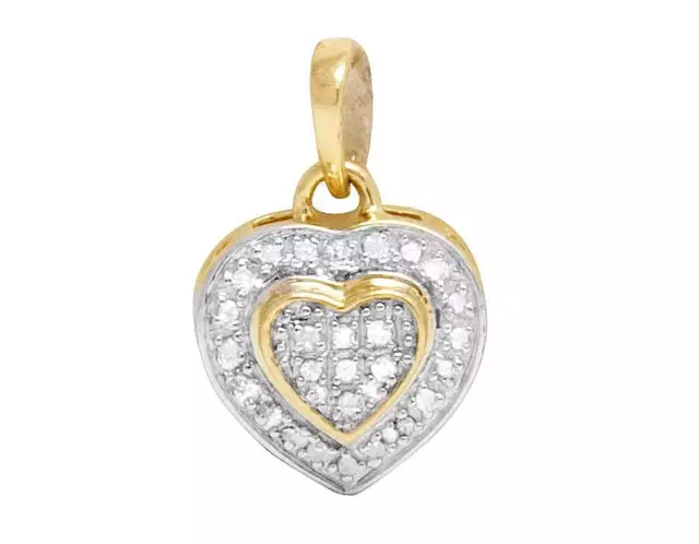 Ladies 10K Yellow Gold Genuine Diamond Dual Heart Love Pendant 1/10 CT 15MM