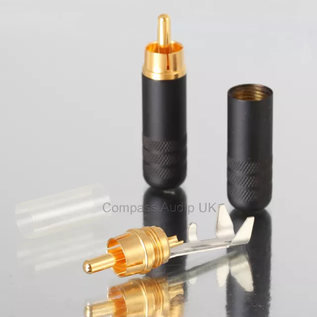 2 Switchcraft 3502ABAU Gold Phono RCA Plugs, 7.2mm Cable Entry Black Metal Body
