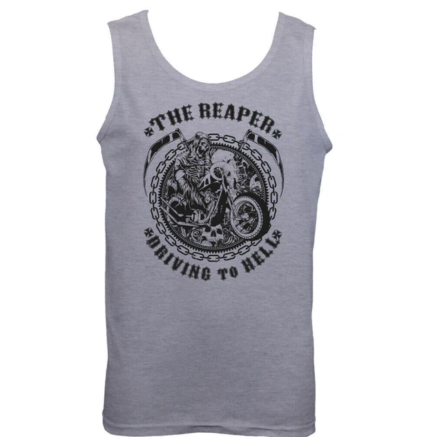 The Reaper Mens Biker Vest Tattoo Skull Motorbike Motorcycle Bike Top