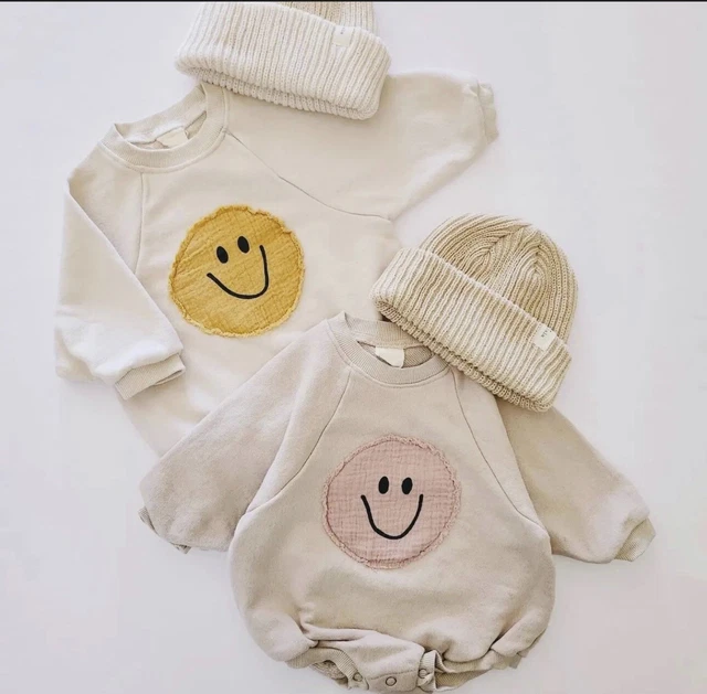 Yellow & Pink Smiley Patch Baby & Toddler Retro Sweatshirt Bubble Romper