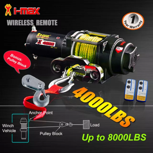 4000LBS/1814kg 12V Wireless Electric Winch Yellow Synthetic Rope Boat ATV 4WD