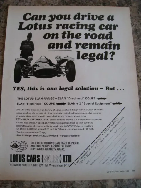 LOTUS RACING CAR ROAD LEGAL ELAN COUPE CAR 1968 ADVERT APPROX A4 SIZE file 2