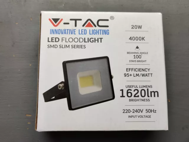 V-TAC 20W LED Floodlight, Black, 4000K - IP65 - 1620lumens - Black - VT-4021