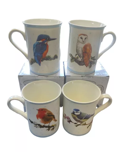 4 British Bird Mugs Set Fine China Blue Tit Kingfisher Owl Robin Mugs