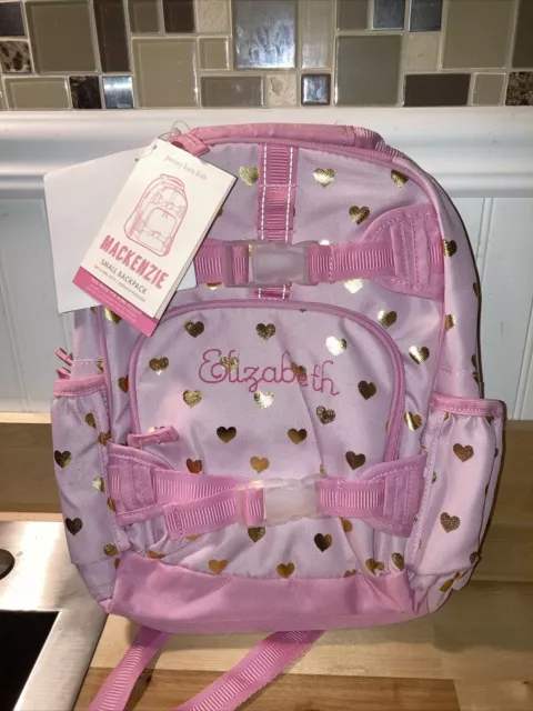 Pottery Barn Makenzie Pink Gold Foil Heart Backpack “Elizabeth” Embroidery NWT