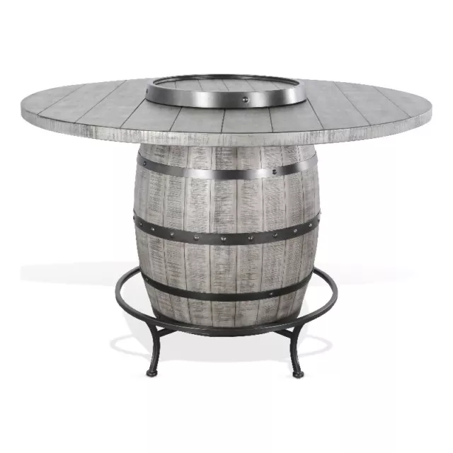 Pemberly Row Round Mahogany Pub Table with Wine Barrel Base in Gray